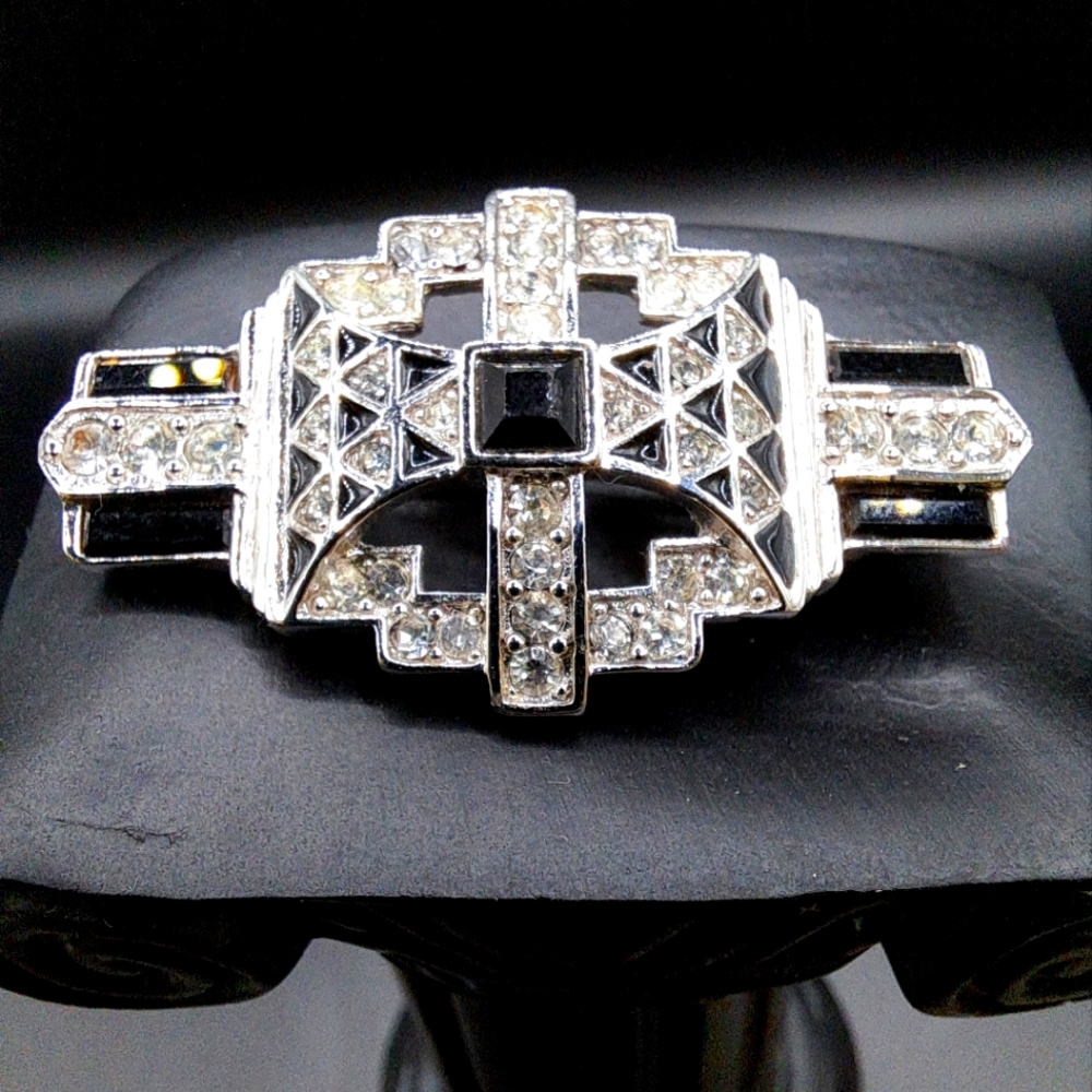 Vintage GIVENCHY Silver Tone Brooch Pin Art Deco Onyx Clear Rhinestones Signed